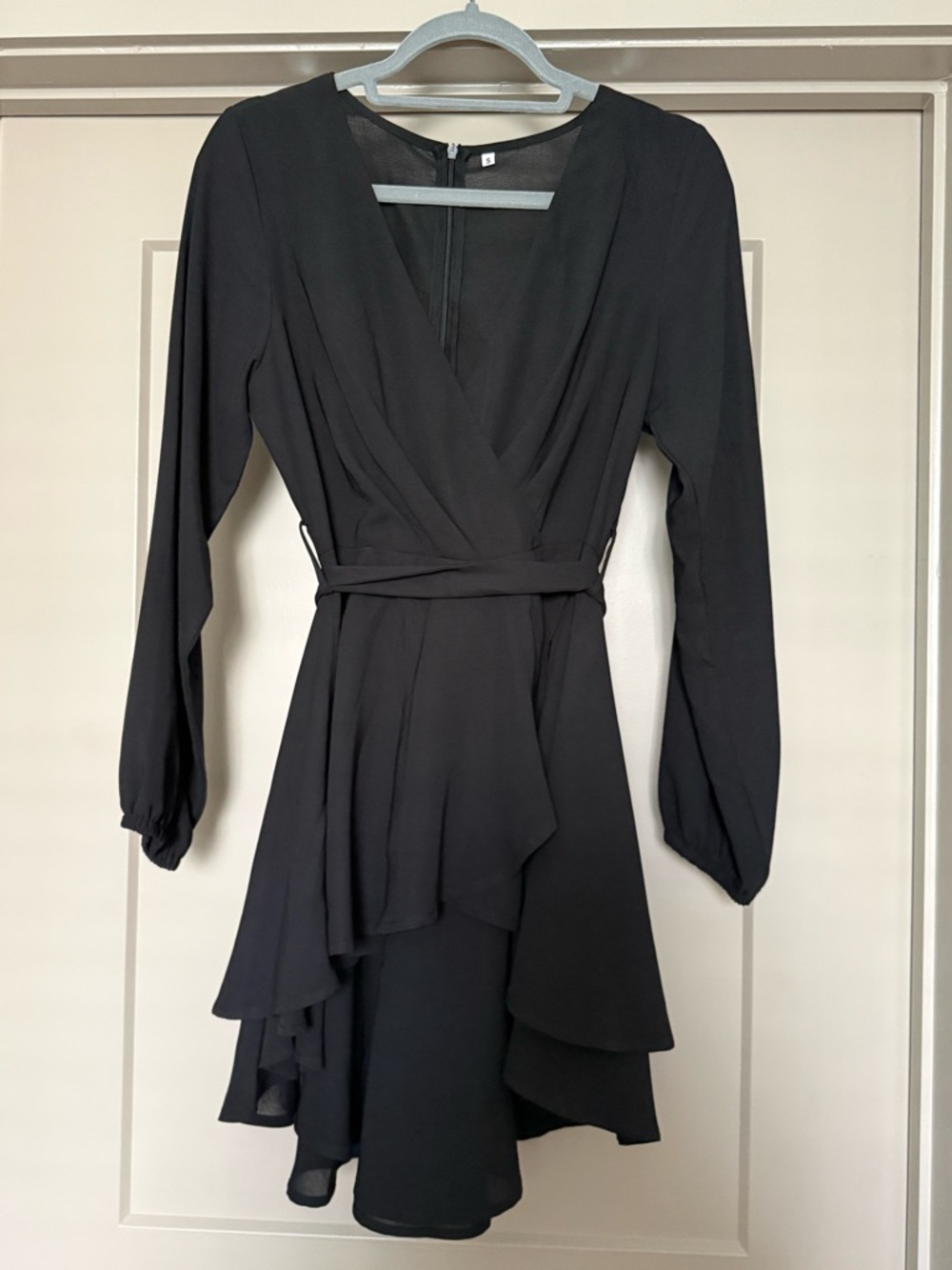 Black Long-Sleeve V-Neck Wrap Dress with Ruffled Hem